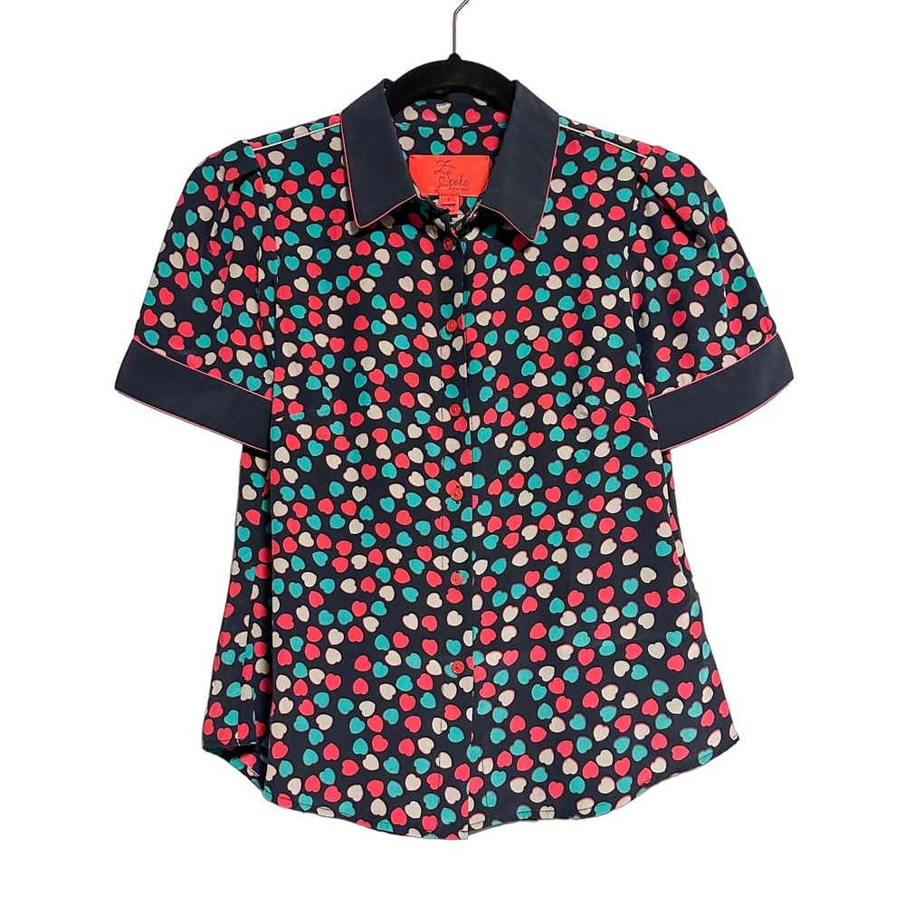 Z Spoke Zac Posen 100% Silk Heart Print Button Front Blouse Size 6